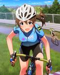  artist_request bicycle bicycle_helmet bike_jersey bike_shorts blue_eyes brown_hair gloves green_hair ground_vehicle helmet idolmaster idolmaster_million_live! jpeg_artifacts multiple_girls official_art riding satake_minako shimabara_elena 