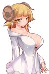  1girl animal_ears bare_shoulders blonde_hair breasts cleavage dress female highres horns huge_breasts mogs1225 nana_(mogs1225) original simple_background solo standing white_background yellow_eyes 
