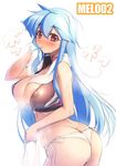  blue_hair blush breasts cleavage jpeg_artifacts large_breasts long_hair md5_mismatch mel/a melmaid mouth_hold no_pants original panties red_eyes side-tie_panties simple_background solo towel towel_around_neck underwear white_panties 