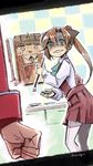  akigumo_(kantai_collection) brown_eyes brown_hair caught commentary_request cutting_board kantai_collection long_hair multiple_girls nonco pantyhose ponytail ryuujou_(kantai_collection) turn_pale twintails visor_cap 