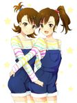  brown_eyes brown_hair futami_ami futami_mami hair_bobbles hair_ornament idolmaster idolmaster_(classic) looking_at_viewer multiple_girls neko_kuruto open_mouth overalls siblings side_ponytail sisters star thighhighs twins 