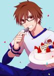  bad_id bad_pixiv_id brown_hair cake eto_(etototo) food glasses grin happy_birthday male_focus meganebu! plate red_eyes smile solo souma_akira_(meganebu!) spoon 