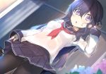  1girl akatsuki_(kantai_collection) anchor_symbol black_legwear hair_between_eyes highres kantai_collection long_hair mayuzaki_yuu neckerchief pantyhose pleated_skirt purple_eyes purple_hair red_neckwear school_uniform see-through serafuku skirt solo wet wet_clothes 