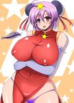  1girl afuro bare_shoulders breast_hold breasts brown_eyes curvy elbow_gloves female gloves hair_bun huge_breasts nipples panties purple_hair short_hair solo standing underwear 