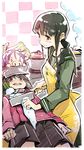  animalization apron bangs black_hair blunt_bangs braid brown_eyes brown_hair commentary_request cooking crying crying_with_eyes_open flat_chest isuzu_(kantai_collection) kantai_collection kitakami_(kantai_collection) knife long_hair multiple_girls nonco pig pleated_skirt puka_puka ryuujou_(kantai_collection) school_uniform serafuku skirt tears twintails visor_cap 