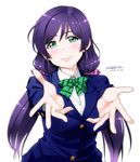  blazer blush breasts green_eyes jacket large_breasts long_hair looking_at_viewer love_live! love_live!_school_idol_project otonokizaka_school_uniform outstretched_arms purple_hair school_uniform smile solo tachibana_roku toujou_nozomi twintails 