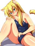  animal_ears blonde_hair blush cameltoe cat_ears cat_tail collarbone competition_school_swimsuit green_eyes highres long_hair nokoppa one-piece_swimsuit original sitting smile solo swimsuit tail 