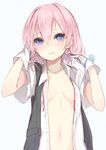  adjusting_hair alternate_hairstyle blue_eyes collarbone gloves hair_down hair_tousle kantai_collection kojiki-life looking_at_viewer navel no_bra open_clothes open_shirt partially_undressed pink_hair red_ribbon ribbon school_uniform shiranui_(kantai_collection) shirt short_hair short_sleeves solo white_gloves 