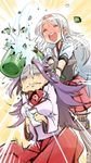  blush bottle commentary_request drunk full-face_blush glass_shards hairband hitting japanese_clothes jun'you_(kantai_collection) kantai_collection long_hair multiple_girls muneate nonco purple_hair shattered shoukaku_(kantai_collection) silver_hair wine_bottle 