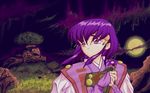  90s dithering ears field flower full_moon hair_tubes headband holding holding_flower japanese_clothes kimono long_hair looking_back masaki_aeka_jurai moon night pixel_art purple_eyes purple_hair ruins sad sidelocks sky sleeves_past_wrists solo spiked_hair tenchi_muyou! violet_(flower) 