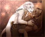  anthro bent_over bottomless breast_grab breasts chest_tuft clothing collar duo ear_piercing eyes_closed f-r95 falla feline female from_behind fur licking male mammal nipples nude piercing sabertooth sex shirt shirt_lift smilodon standing straight tongue tongue_out tuft white_fur white_lion 
