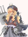  ;d arm_garter blonde_hair bow cannon dress elbow_gloves gloves gothic_lolita hat highres kantai_collection lolita_fashion long_hair on_head on_shoulder one_eye_closed open_mouth original red_eyes sheep shoulder_pads smile solo us_navy uss_maryland_(bb-46) wavy_hair yukkurisireikan 