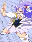  angry arm_warmers blue_background cure_fortune fighting_stance hair_ornament happinesscharge_precure! heart heart_hair_ornament highres hikawa_iona konboi-eg long_hair magical_girl open_mouth precure purple_eyes purple_hair purple_skirt serious skirt solo thighhighs white_legwear wide_ponytail zettai_ryouiki 