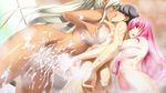  1boy 2girls bath breasts censored cum cum_on_body cum_on_lower_body dark_skin game_cg girl_sandwich green_eyes group_sex hadashi_shoujo handjob huge_breasts ino interracial kiss large_breasts long_hair mixed_bathing multiple_girls navel nude penis pink_eyes pink_hair reach-around reach_around sandwiched shiny shiny_skin soap steam threesome white_hair 