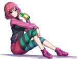  blush boots bottle colored_stripes full_body holding jacket leggings long_sleeves looking_at_viewer love_live! love_live!_school_idol_project nishikino_maki purple_eyes red_hair shoes sitting sketch skirt smile solo striped striped_legwear tonee track_jacket water_bottle white_background 