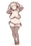  ;) bikini breasts choker elbow_gloves gloves hayami_yuujirou head_tilt headphones highres large_breasts long_hair monochrome nitroplus one_eye_closed plump side-tie_bikini sketch smile solo standing super_pochaco swimsuit thighhighs twintails 