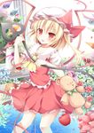  aibumi apple ascot bad_id bad_pixiv_id blonde_hair blush bow cup flandre_scarlet flower food fruit hat hat_bow highres laevatein long_hair looking_at_viewer red_eyes side_ponytail skirt skirt_set smile solo stuffed_animal stuffed_toy teacup teapot teddy_bear touhou wings 