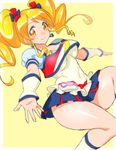  alternate_form blonde_hair blue_skirt blush cheerleader cure_honey happinesscharge_precure! heart jewelry long_hair magical_girl multicolored multicolored_clothes multicolored_skirt onsoku_maru oomori_yuuko outstretched_arms popcorn_cheer precure simple_background skirt smile solo twintails yellow_background yellow_eyes 