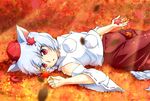  animal_ears autumn_leaves bad_id bad_pixiv_id bare_shoulders breasts detached_sleeves hat inubashiri_momiji leaf looking_at_viewer medium_breasts midriff open_mouth red_eyes shirt short_hair silver_hair skirt solo tail tokin_hat touhou wolf_ears wolf_tail yamami-hosyo 