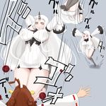  ahoge bifidus blood breasts brown_hair curvy detached_sleeves dress hairband high_heels horn japanese_clothes jumping kantai_collection kongou_(kantai_collection) large_breasts long_hair multiple_girls red_eyes ribbed_dress seaport_hime shinkaisei-kan short_dress simple_background thighs very_long_hair white_hair 