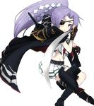  bad_id bad_pixiv_id bandolier brown_gloves cape cosplay eyepatch gloves hair_ribbon hatsuharu_(kantai_collection) kantai_collection kiso_(kantai_collection) kiso_(kantai_collection)_(cosplay) long_hair looking_at_viewer midriff pleated_skirt ponytail purple_eyes purple_hair remodel_(kantai_collection) ribbon sakura_inu simple_background skirt solo sword weapon white_background 