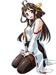  ahoge bare_shoulders blush boots brown_hair detached_sleeves double_bun hairband japanese_clothes kantai_collection kongou_(kantai_collection) long_hair looking_at_viewer nontraditional_miko open_mouth sasayuki simple_background skirt smile solo thigh_boots thighhighs white_background 