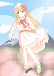 \||/ blonde_hair blue_eyes blue_sky blush bow capelet cherry_blossoms clenched_hand cloud day dress fairy_wings flying hat hat_bow highres kazari_s lily_white long_hair long_sleeves looking_at_viewer mountain open_hand petals red_bow shoes sidelocks sky smile socks solo touhou transparent_wings wings 