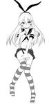  anchor blush elbow_gloves gloves greyscale hair_ribbon highleg highleg_panties kantai_collection long_hair looking_at_viewer miniskirt monochrome navel neckerchief panties ribbon shimakaze_(kantai_collection) skirt solo striped striped_legwear thighhighs underwear zaxwu 