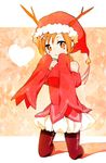  alternate_costume antlers bad_id bad_pixiv_id bare_shoulders bell christmas dress fake_antlers fur_trim hair_ornament hat highres hino_akane_(smile_precure!) jingle_bell lacolon off-shoulder_dress off_shoulder orange_eyes orange_hair pantyhose precure red_dress reindeer_antlers santa_hat smile smile_precure! solo tareme x_hair_ornament 