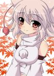  animal_ears autumn_leaves bare_shoulders blush breasts happy hat inubashiri_momiji large_breasts leaf looking_at_viewer masiromu midriff pom_pom_(clothes) red_eyes short_hair silver_hair smile solo tokin_hat touhou wolf_ears 