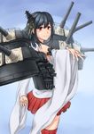  bad_id bad_pixiv_id bare_shoulders black_hair blush detached_sleeves hair_ornament highres japanese_clothes kantai_collection miko red_eyes short_hair skirt smile solo usfdive yamashiro_(kantai_collection) 