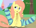  animal_genitalia anus blue_eyes dialog english_text equine erection feral fluttershy_(mlp) fluttersocks friendship_is_magic fur hair herm hooves horsecock intersex mammal my_little_pony open_mouth outside pegasus penis pink_hair pussy sitting socks solo spread_legs spreading striped_socks text wings yellow_fur 