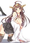  ahoge bare_shoulders boots breasts brown_eyes brown_hair detached_sleeves double_bun gekato hair_ornament hairband headgear highres japanese_clothes kantai_collection kongou_(kantai_collection) large_breasts long_hair looking_at_viewer miniskirt nipples nontraditional_miko open_mouth simple_background skirt smile solo thigh_boots thighhighs white_background zettai_ryouiki 