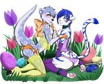 anthro blue_eyes blue_hair blush butt cat chest_tuff corset crossdressing cute duo_(character) easter easter_egg egg feline fur ghostblanketboy girly hair holidays legwear looking_at_viewer male mammal mareef mustelid otter panties smile stockings tiger translucent underwear 