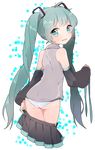  ass bad_id bad_pixiv_id detached_sleeves from_behind green_eyes green_hair green_panties hatsune_miku long_hair looking_back open_clothes open_skirt panties skirt skirt_pull solo striped striped_panties transparent_background twintails underwear uttao very_long_hair vocaloid 