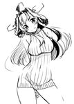 ahoge arms_behind_back bare_shoulders breasts covered_navel dress greyscale hairband head_tilt headgear kantai_collection kongou_(kantai_collection) large_breasts long_hair monochrome ribbed_dress sasayuki sketch sleeveless sleeveless_dress smile solo sweater sweater_dress turtleneck 