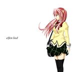  black_legwear breasts elfen_lied highres horns juliet_sleeves long_hair long_sleeves looking_away lucy mahou_shoujo_madoka_magica na_mo_naki_entaku_no_karasu pink_eyes pink_hair puffy_sleeves school_uniform simple_background skirt solo thighhighs white_background 