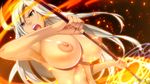  1girl breasts dark_skin female fire game_cg green_eyes hadashi_shoujo huge_breasts ino large_breasts navel nipples nude open_mouth shiny shiny_skin solo weapon white_hair 