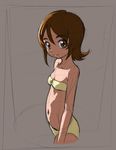  bandeau bikini breasts brown_eyes brown_hair cleavage grey_background happinesscharge_precure! looking_at_viewer navel oomori_yuuko precure rohitsuka short_hair simple_background sketch small_breasts smile solo swimsuit 
