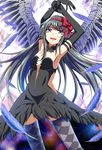  akemi_homura akuma_homura argyle argyle_legwear armpits arms_up bangs bare_shoulders black_gloves black_hair e.o. elbow_gloves feathers gloves hair_ribbon highres long_hair looking_at_viewer mahou_shoujo_madoka_magica mahou_shoujo_madoka_magica_movie open_mouth purple_eyes ribbon smile solo spoilers thighhighs wings 