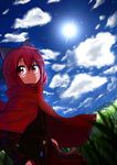  bow caibao cape cloud hair_bow hands_in_pockets highres lens_flare long_sleeves looking_at_viewer red_eyes red_hair sekibanki short_hair skirt sky smile solo touhou 