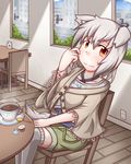  animal animal_ears bad_id bad_pixiv_id blush buttons chikinman contemporary dog drink grey_legwear house indoors inubashiri_momiji liquid looking_at_viewer no_hat no_headwear orange_eyes over-kneehighs poncho road short_hair shorts silhouette silver_hair solo spoon street table tail tea thighhighs touhou wavy_mouth window wolf_ears wolf_tail wooden_floor 