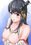  bad_id bad_pixiv_id bare_shoulders black_hair blush breasts detached_sleeves fusou_(kantai_collection) hair_ornament highres japanese_clothes kantai_collection large_breasts long_hair nipples red_eyes solo usfdive 