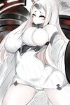  bare_shoulders blush breasts detached_sleeves dress highres kantai_collection large_breasts long_hair ribbed_dress seaport_hime shinkaisei-kan short_dress sideboob solo suiren_(mystia6b) very_long_hair white_hair yellow_eyes 