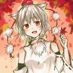  animal_ears autumn_leaves bare_shoulders blush breasts happy hat inubashiri_momiji koruse leaf looking_at_viewer medium_breasts open_mouth pom_pom_(clothes) red_eyes short_hair silver_hair smile solo tokin_hat touhou traditional_media wolf_ears 