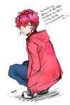  bad_id bad_pixiv_id character_request cigarette denim earrings hood hood_down hoodie jeans jewelry marimo_(yousei_ranbu) pants pink_eyes pink_hair shoes sneakers squatting translation_request 