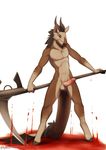  abs amazing anthro balls barefoot blood erection fur grasp half-closed_eyes hi_res holding hooves horn humanoid_penis looking_at_viewer lost-paw male muscles nude pecs penis scythe solo unknown_species weapon 