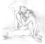  blotch couple duo eyes_closed feline gay greyscale hand_on_chest hand_on_head hindpaw hug male mammal monochrome nude pawpads paws simple_background sitting sketch tiger 