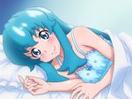  bare_shoulders bed blanket blue_eyes blue_hair happinesscharge_precure! long_hair looking_at_viewer lying mameshiba on_side precure shirayuki_hime smile solo 