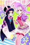  1girl animal_ears black_hair bonne_c bow bowtie bunny_ears easter_wonderland end_bunny_(disney) flower gloves hat mattie purple_hair red_eyes top_hat 